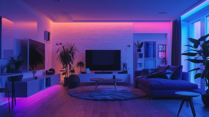 A living room with a blue couch, a white coffee table, and a green plant