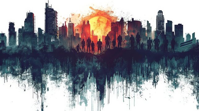 Zombie apocalypse cityscape with crumbling buildings and hordes of undead on a white isolated background
