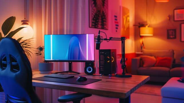 A computer setup with a monitor, keyboard, and mouse on a desk in a living room