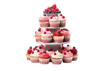 A Tower of Sweetness: A Delectable Cupcake Display Decorated With Fresh Berries on a Clear PNG or White Background.