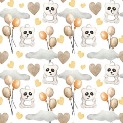 Watercolor pattern featuring cute white panda rattle toys, yellow and beige hearts, balloons, and fluffy clouds on a white background. This charming and playful design is ideal for baby products