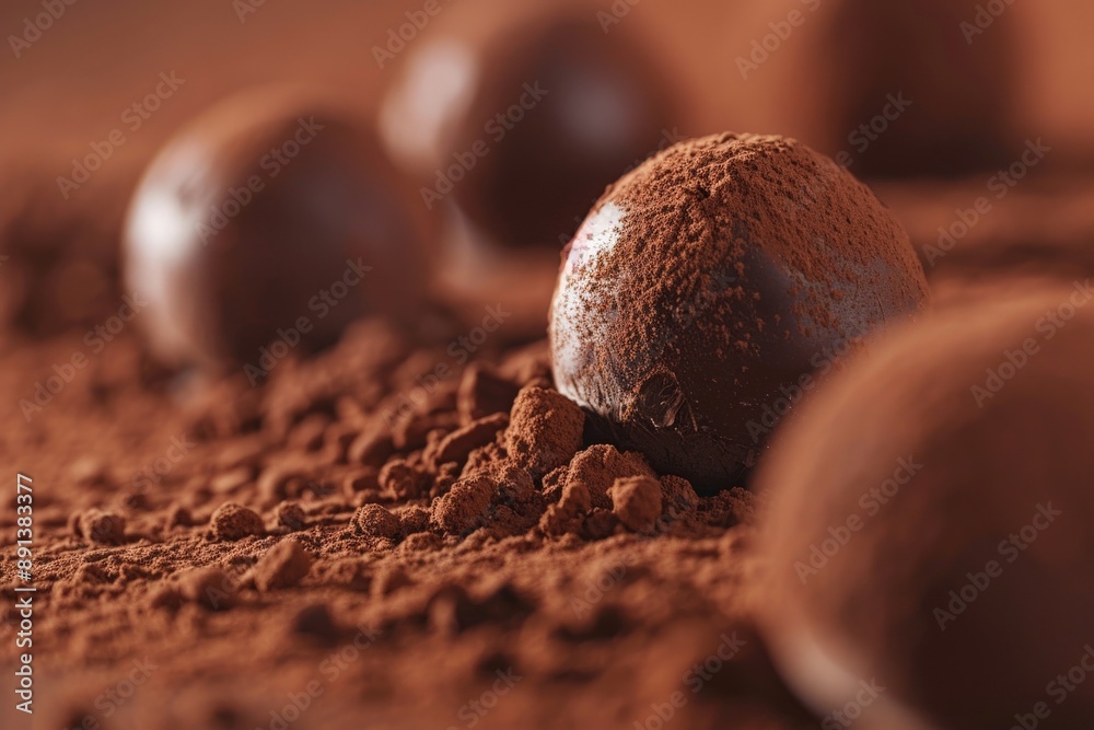 Poster chocolate truffles covered in cocoa powder resting on cocoa powder