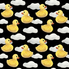 Watercolor pattern featuring charming yellow rubber ducks floating among soft, fluffy clouds on a black background. This playful and whimsical design is perfect for baby products, children's room 