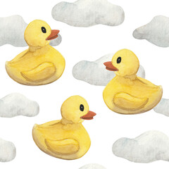Watercolor pattern featuring charming yellow rubber ducks floating among soft, fluffy clouds on a white background. This playful and whimsical design is perfect for baby products, children's room.