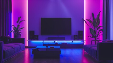 A living room with a black television and a purple wall