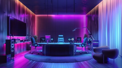 A brightly lit room with a neon green wall and a neon blue wall