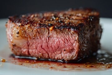 Juicy grilled steak resting on white plate