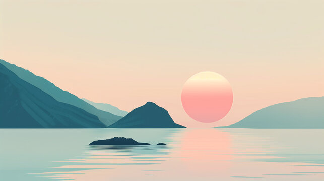 Calm minimalist sunset landscape with mountains, lake and island silhouette