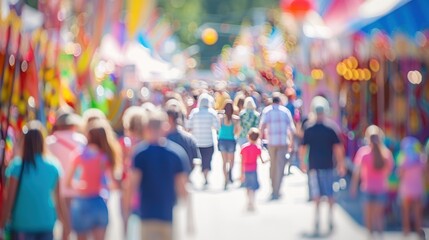A vibrant street fair filled with people, colorful booths, and festive decorations, capturing the lively atmosphere of a community event.