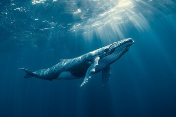 Fototapeta premium Majestic Humpback Whale Gliding Through Sunlit Waters