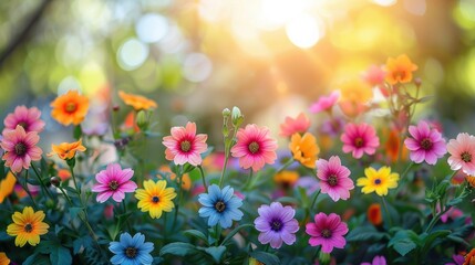 Obraz premium A variety of vibrant flowers blooming in a sunlit garden, creating a colorful and cheerful outdoor scene.