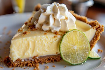 Slice of key lime pie with whipped cream and lime slices on white plate