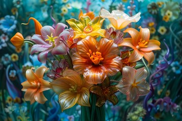 Fototapeta premium Vibrant Floral Arrangement with Colorful Glass Flowers Against a Lush Background