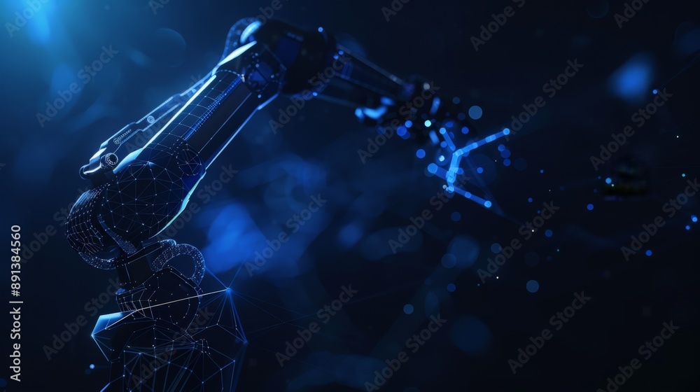 Poster Robotic arm with geometric digital patterns and glowing elements in a dark, futuristic environment. Ideal for illustrating advanced robotics, AI technology, and innovation.