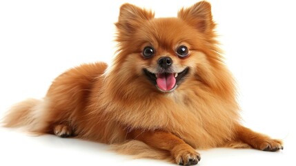 A Pomeranian with a tongue sticking out, isolated on a white background.