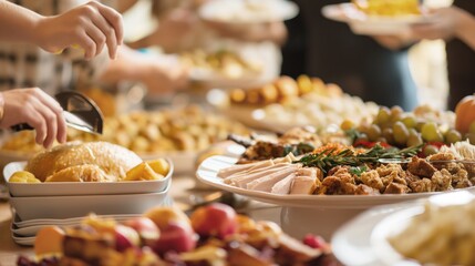 Gourmet dishes elegantly arranged on a buffet table, offering a variety of delectable options for guests to enjoy at an upscale event or dining experience.