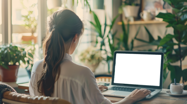 Mockup image of a woman working and touching on laptop touchpad with blank screen at home