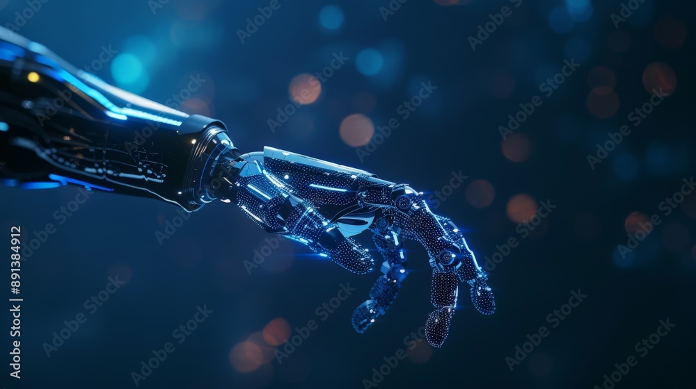 Poster Futuristic robotic arm with digital enhancements in a dark environment. Perfect for illustrating robotics and AI innovation.