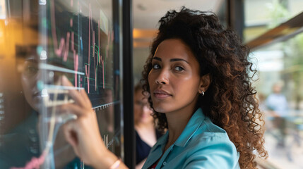A biracial businesswoman analyzing charts on a glass wall while colleagues discuss in the background.