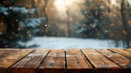Wooden deck dusted with snowflakes in a serene winter forest, illuminated by a soft, golden sunlight.