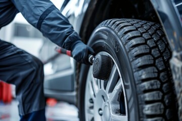Fototapeta premium Professional Mechanic Fitting High-Performance Tire to Alloy Wheel in Clean Garage. Beautiful simple AI generated image in 4K, unique.