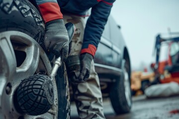 Naklejka premium Close - up view of a mechanic at work, changing tires and wheels in a service center. Generative AI. Beautiful simple AI generated image in 4K, unique.