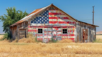 Old wooden barn with American flag mural in rural field, representing patriotism and vintage countryside charm.