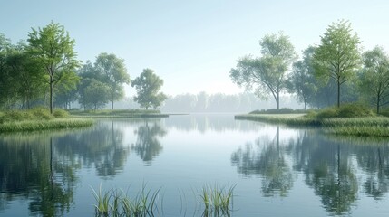 Serene Minimalist Lake View - Hyper-realistic 3D Rendering of Calm Waters and Tranquil Nature Scene