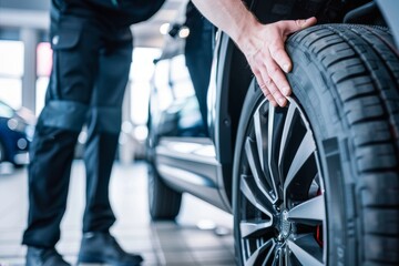 Obraz premium close-up of a man's hand with car tires. Beautiful simple AI generated image in 4K, unique.