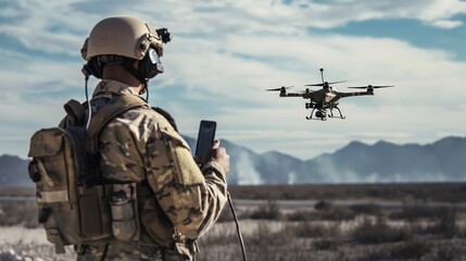 Special Forces soldier in desert on recon mission with advanced military drone. High-tech unmanned system for surveillance and target tracking.