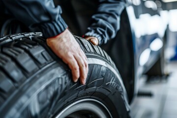 Professional Mechanic Fitting High-Performance Tire to Alloy Wheel in Clean Garage. Beautiful simple AI generated image in 4K, unique.