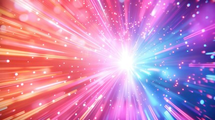 Naklejka premium A vibrant abstract image featuring a burst of colorful light rays and particles emanating from a bright central point.