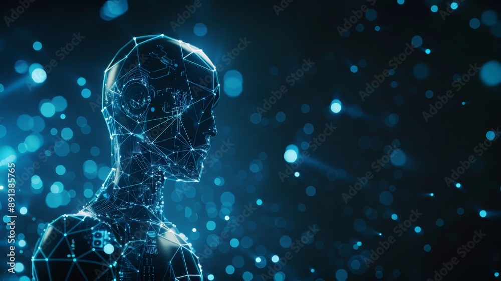 Poster digital humanoid figure with intricate blue light patterns in a dark, starry background. futuristic 