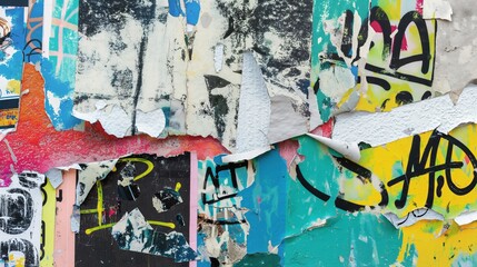 Colorful and vibrant street art background with torn posters and graffiti, creating a dynamic and edgy urban landscape for creative and artistic projects.
