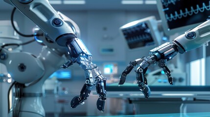 future robotic arms performing automated medical health care operation for future precision surgical robot and remote control hospital equipment as wide banner design.