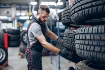 Professional Mechanic Fitting High-Performance Tire to Alloy Wheel in Clean Garage. Beautiful simple AI generated image in 4K, unique.