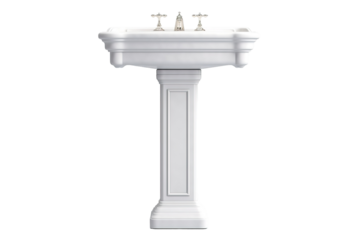 Classic White Pedestal Sink With Ornate Details on a Clear PNG or White Background.