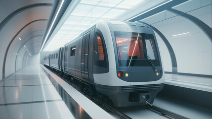 Sleek modern subway train in a futuristic underground station with bright lighting reflecting off glossy surfaces, transportation concept