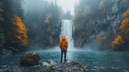 Fototapeta premium Serene Minimalist Waterfall in the Rainy Season with Person in Yellow Jacket 3D Render