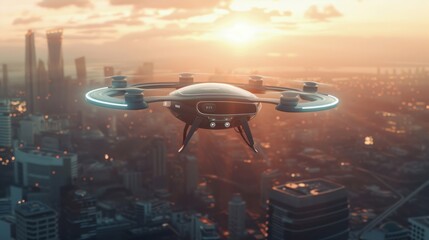 Fototapeta premium futuristic. roto passenger drone flying in the sky over city for future air transportation and robotaxi concept with copy space area