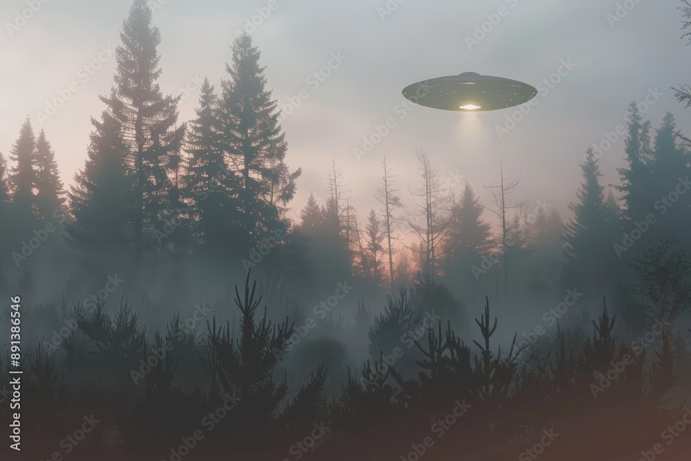 Poster unidentified flying object hovering over foggy forest at sunset