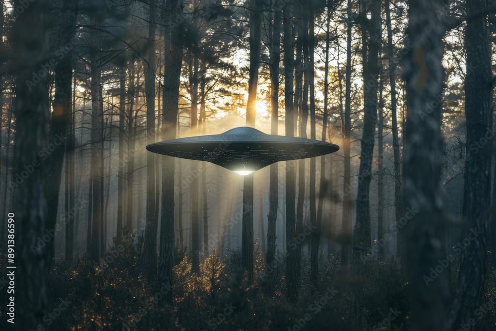 Poster unidentified flying object hovering over forest at sunset