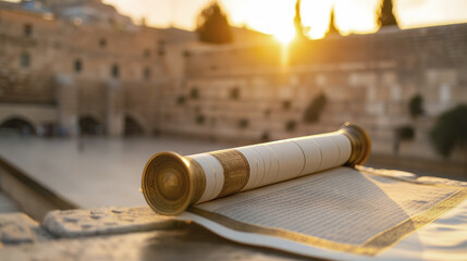 The ancient scroll of wisdom in sunlight, placed on a stone surface near the historic wall, illuminated by the golden evening light, spirituality concept