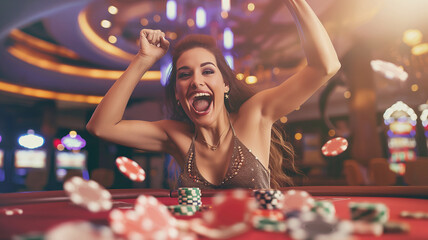 Excited woman celebrating winning jackpot at casino table, gambling happiness concept