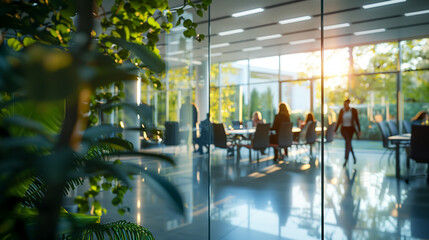 Modern Office Interior With Glass Walls and Green Trees - Motion Blur Shot
