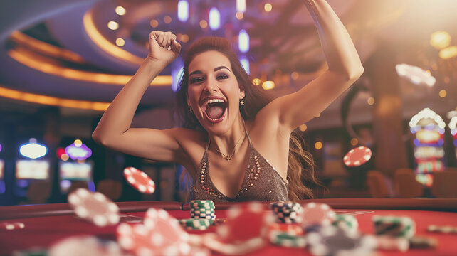 Excited woman celebrating winning jackpot at casino table, gambling happiness concept