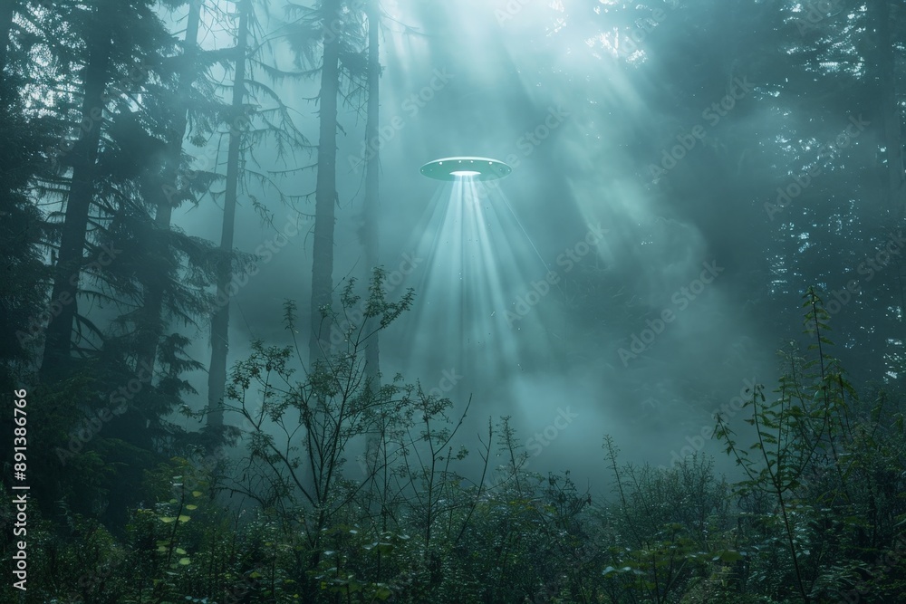 Aufkleber Unidentified flying object hovering over foggy forest