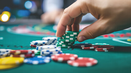 Fototapeta premium The hand stacks poker chips on a casino table, gambling and betting in action, cards and chips around, focus on hand, blurred background, gambling concept