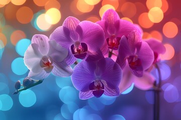 Fototapeta premium Vibrant Orchid Blossoms Against Colorful Bokeh Background - Perfect for Wall Art, Decor, or Greeting Cards