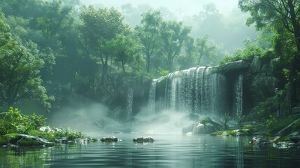 Serene Minimalist Waterfall 3D Rendering in Rainy Season with Focus on Clean Lines and Surrounding Rocks
